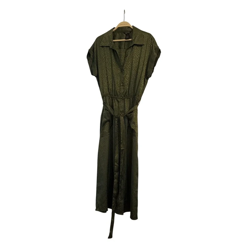 Millenium Womens‎ Olive Green Leopard Jacquard Midi Shirt Dress Belted Medium - Picture 2 of 2